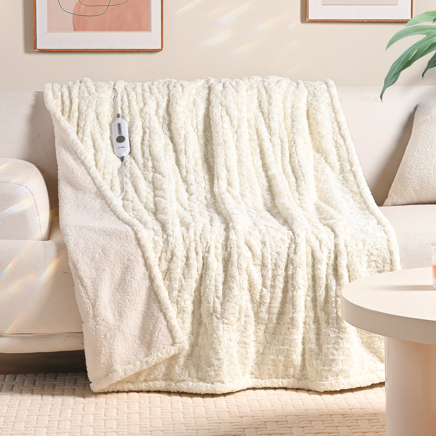 White Rose Flower  Soft Sherpa Heated Throw