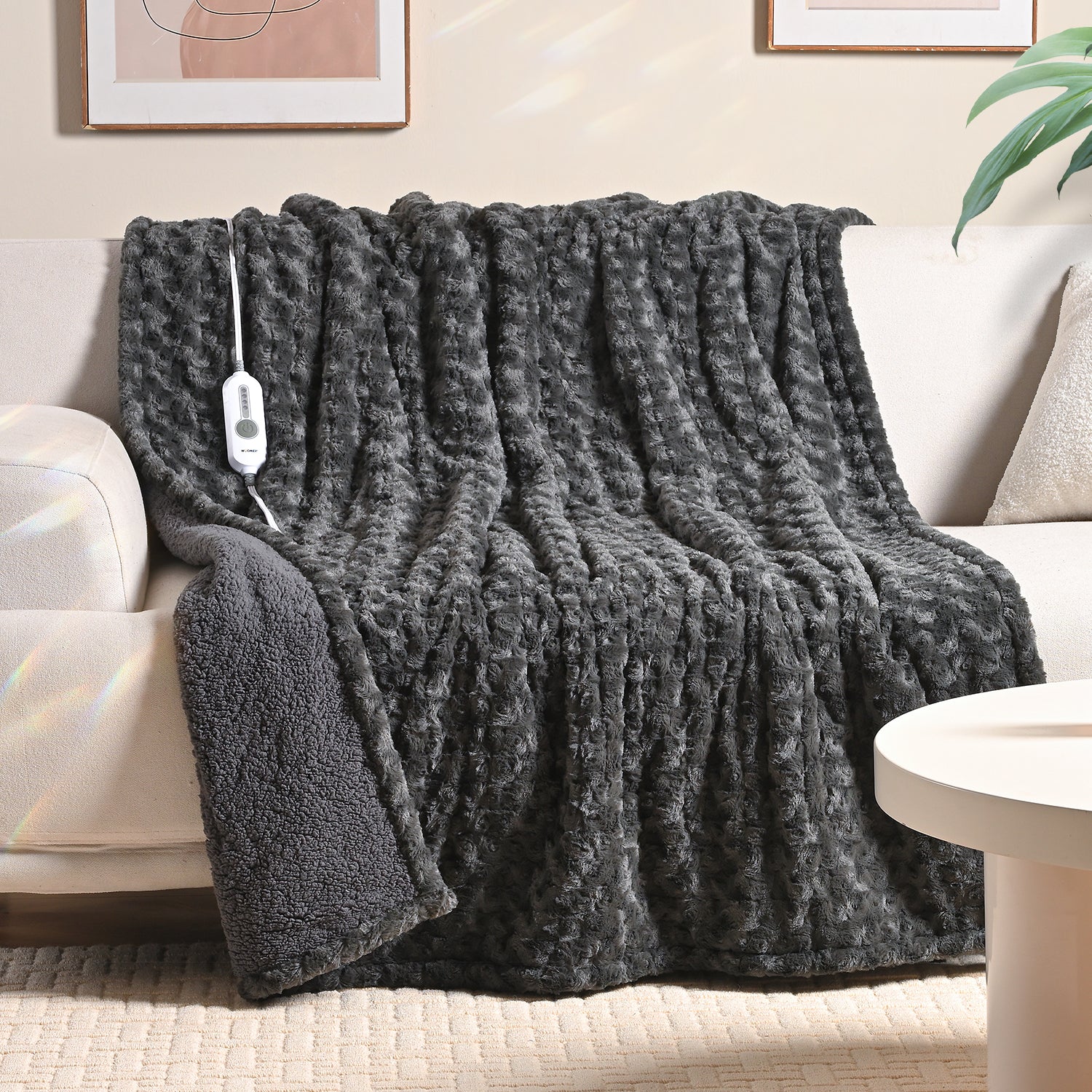 Dark Grey Rose Soft Sherpa Heated Throw