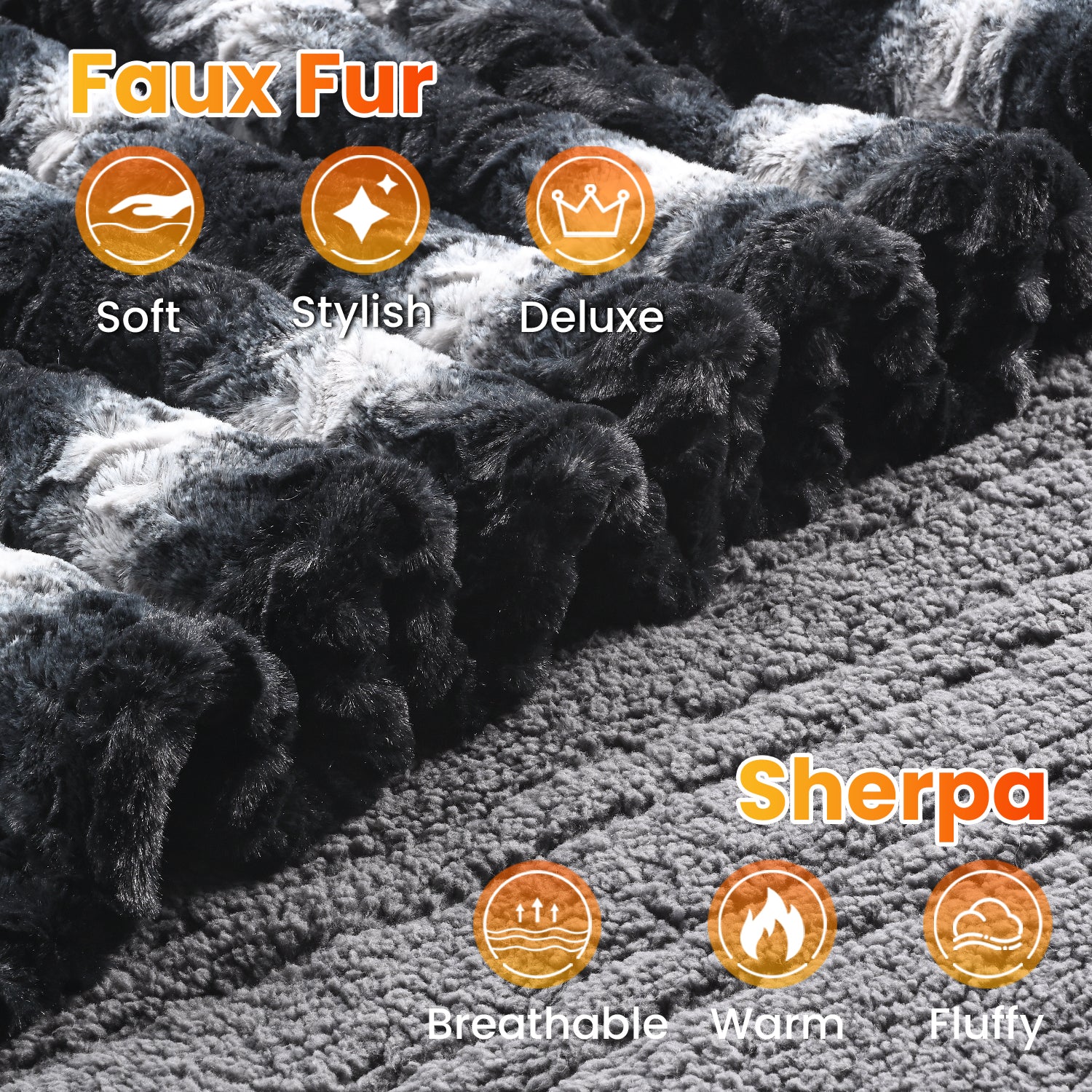 Black & White Flower Pattern Faux Fur & Soft Sherpa Electric Heated Blanket