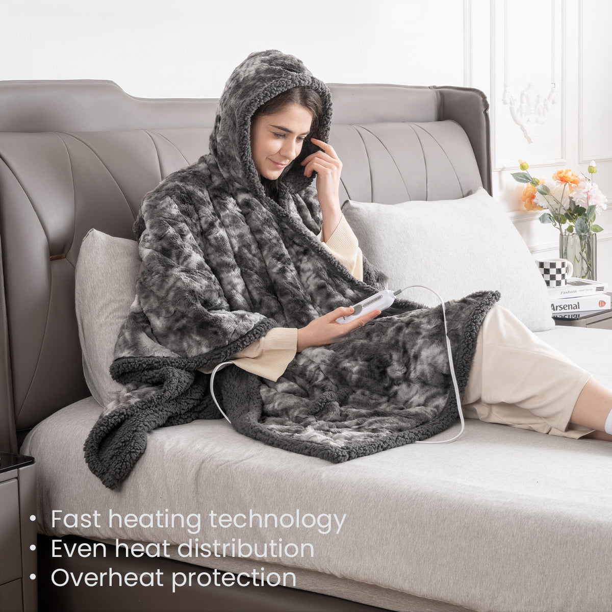 Wearable Heated Blanket Marble Grey With Hoodie