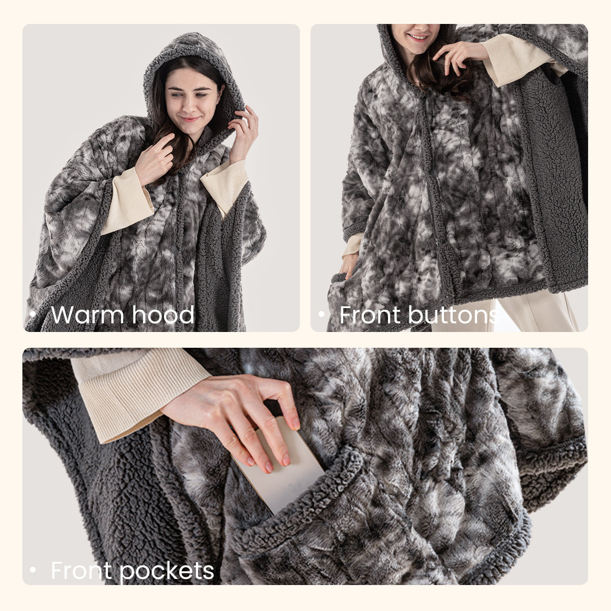 Wearable Heated Blanket Marble Grey With Hoodie