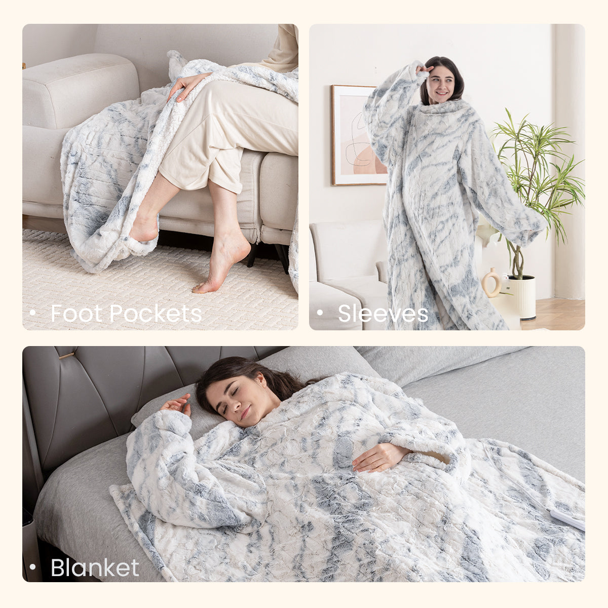 Wearable Heated Blanket Marble Blue With Sleeves