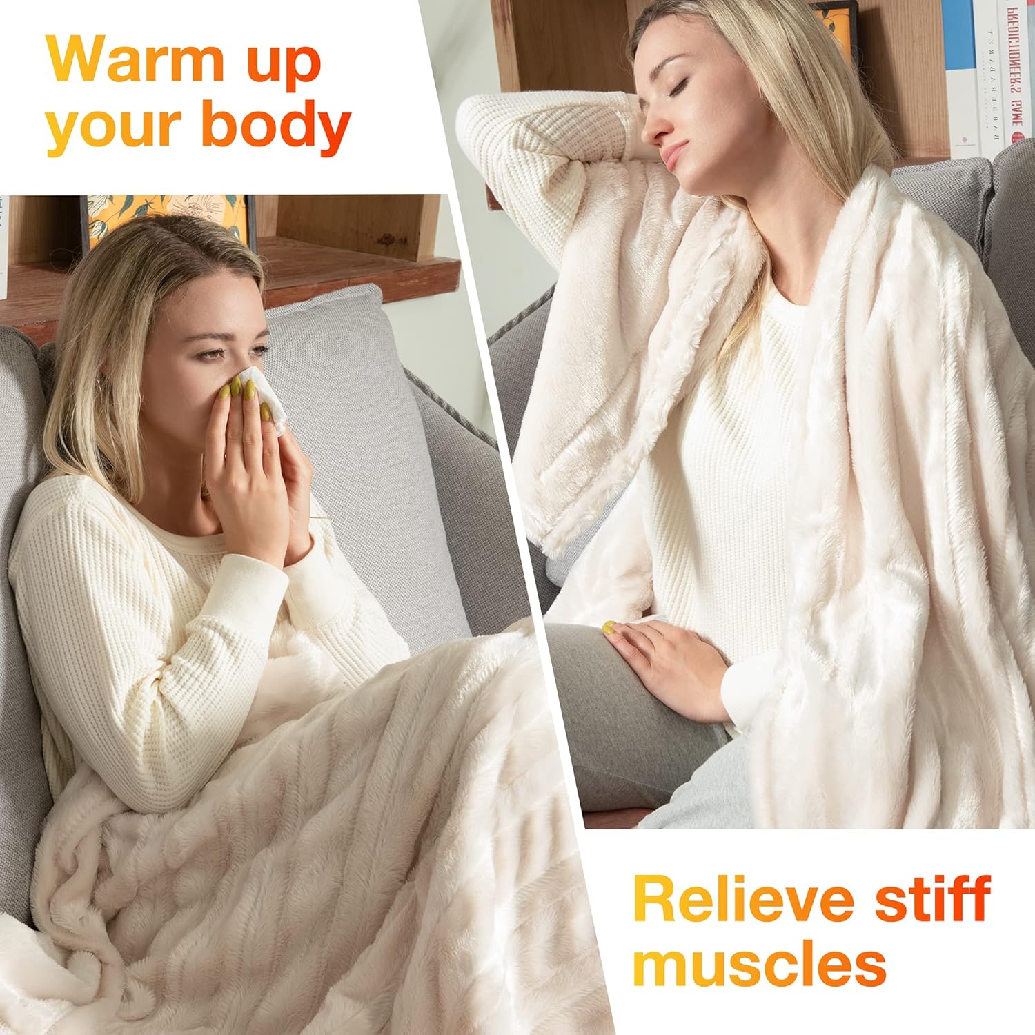 White Soft Faux Fur Electric Heating Throw