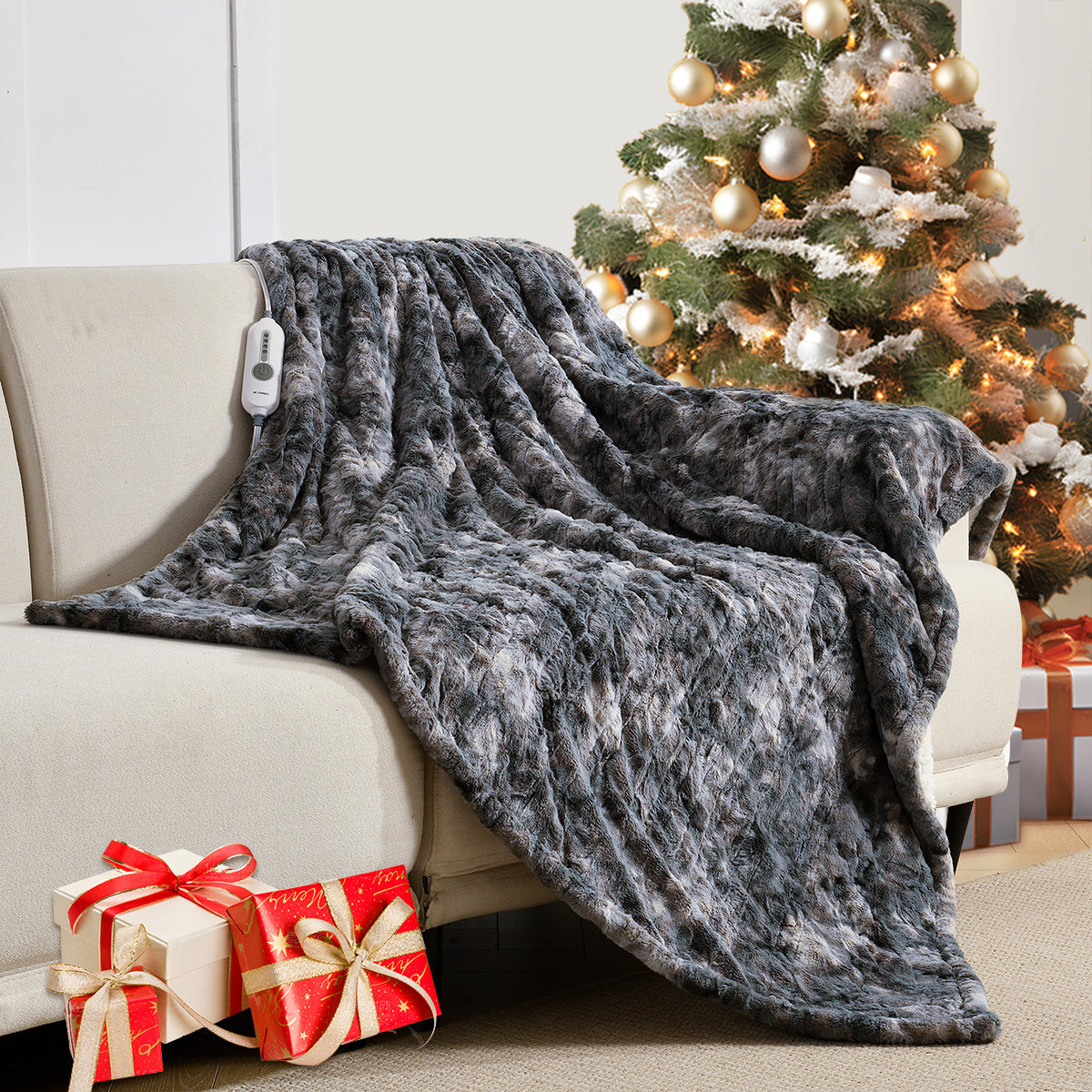 Marble Grey Soft Faux Fur Heated Throw