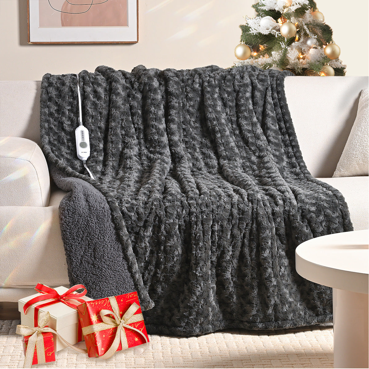 Dark Grey Rose Soft Sherpa Heated Throw