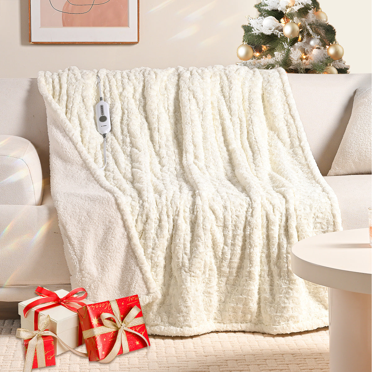 White Rose Flower  Soft Sherpa Heated Throw