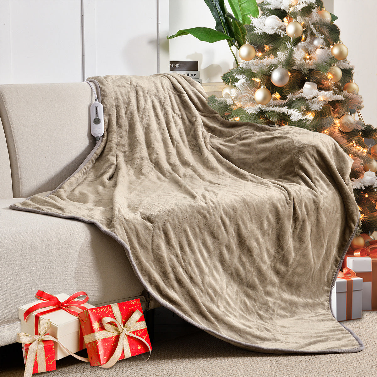 Taupe Soft Flannel Heated Throw