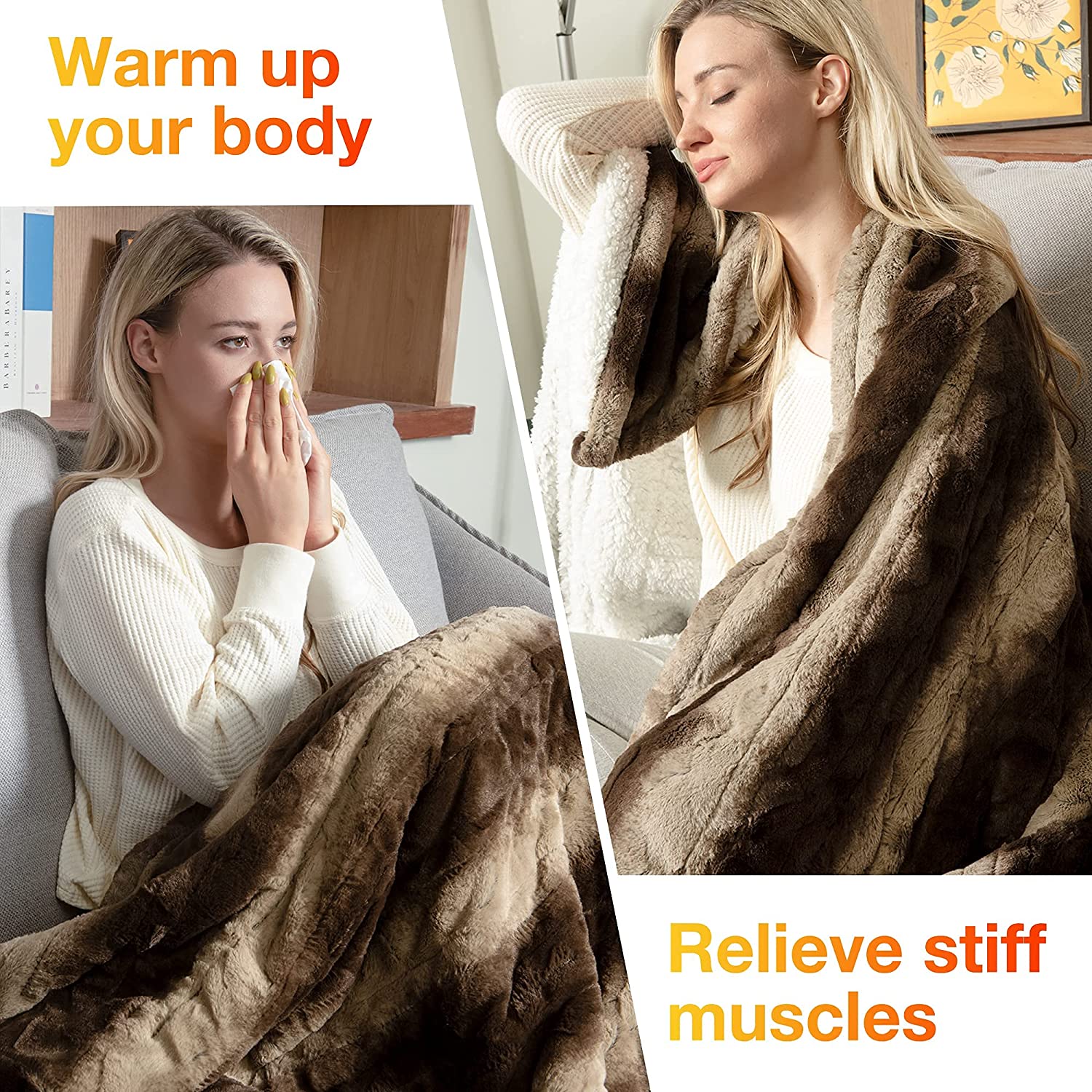 Chocolate Soft Faux Fur& Sherpa Electric Heating Throw